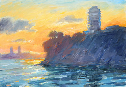 Graham Downs nz fine art paintings, Stanley Point Sunset, oil on board